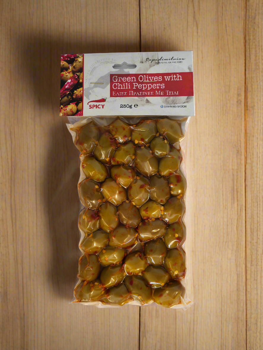 Oliven der Sorte Grün mit Chili im Vakuum - 250g